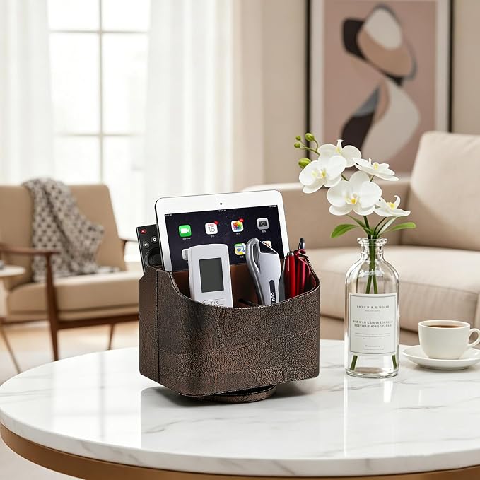 PU Leather Remote Control Holder, 360 Degree Rotating Desk Organizer Luxury Desktop Storage Rack, Rotating Bedside Storage Box for Desktop Office Living Room Bedroom (Brown Vintage)