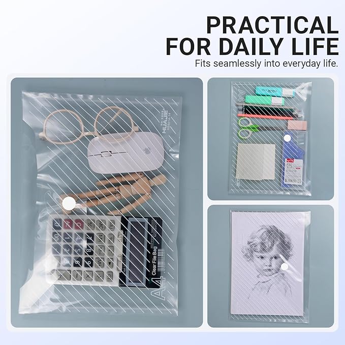 60 Pack, Plastic Envelopes – Transparent Waterproof Reusable File Folders for A4 Letter Sized Documents, Receipts, Photos & Office/School Use (60)