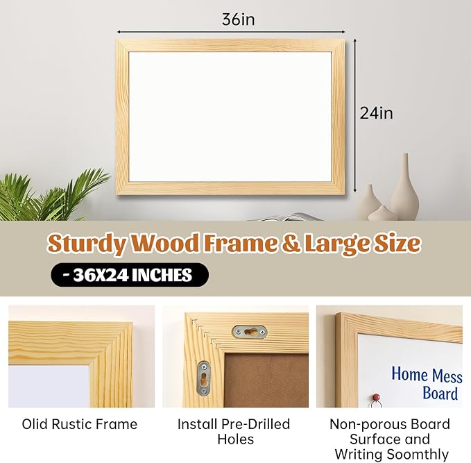 Magnetic Chalkboard for Wall, 24 x 36 Inch Solid Wood Framed Brown Magnetic Board, Wall Mounted Chalk Board for Kitchen, Restaurant, Food Truck and Calendar Board
