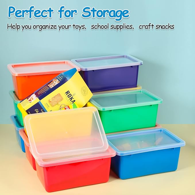 12 Pcs Bins for Classroom Plastic Storage Bins with Lids Storage Bins Storage Organizer Bins Plastic Shelf Containers 15 Sheets Self Adhesive Labels for Classroom School Home Office Supplies