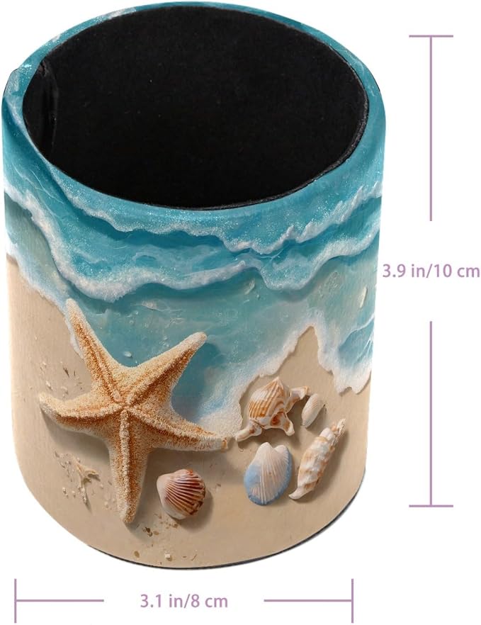 Nautical Beach Starfish and Shell Leather Pen Holder for Desk, Multifunctional Desktop Organizer Pencil Cup, Desktop Caddy Stationery Organizer for School Home Office Desk Accessories