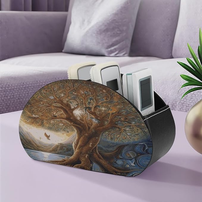 Remote Control Holders Tree of Life Printed Pu Leather Remote Caddy with 5 Compartments Desk Storage Organize for Remotes/Media Controllers/Office Supply