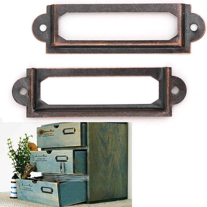 20PCS Metal Drawer Label Holders, Retro Exquisite File Cabinet Label Frames Card Tag Label Holder with Screws for Office Drawers Shelves (Reddish Bronze Color)