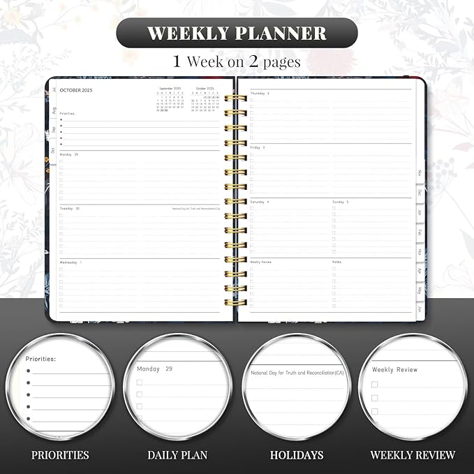 Lonely Oak Academic Planner 2025-2026, Daily Weekly and Monthly Calendar Planner 8.5" x 11" with Tabs, Spiral School Year A4 Agenda from JUL.2025 to JUN.2026 for Student and Teacher (Black Bloss)