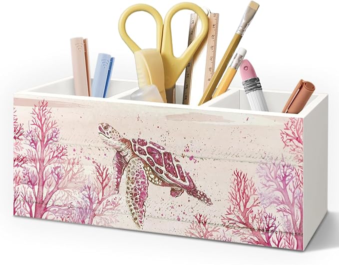 Sea Turtle Coastal Pen Holder for Home Office Desk, Beach Office Decor, Beach Turtle Makeup Brush Toothbrush Holder Organizer for Bathroom Desk Accessories(Pink)