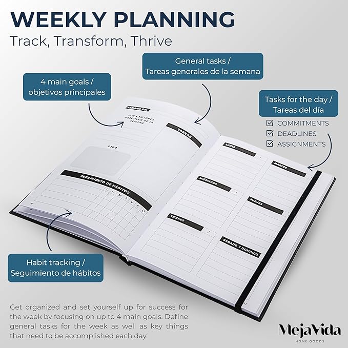 Spanish Weekly Planner & Habit Tracker – Undated 6"x9" Agenda en Español – Goal Setter, Monthly & Daily Organizer – Multicolor Hardcover