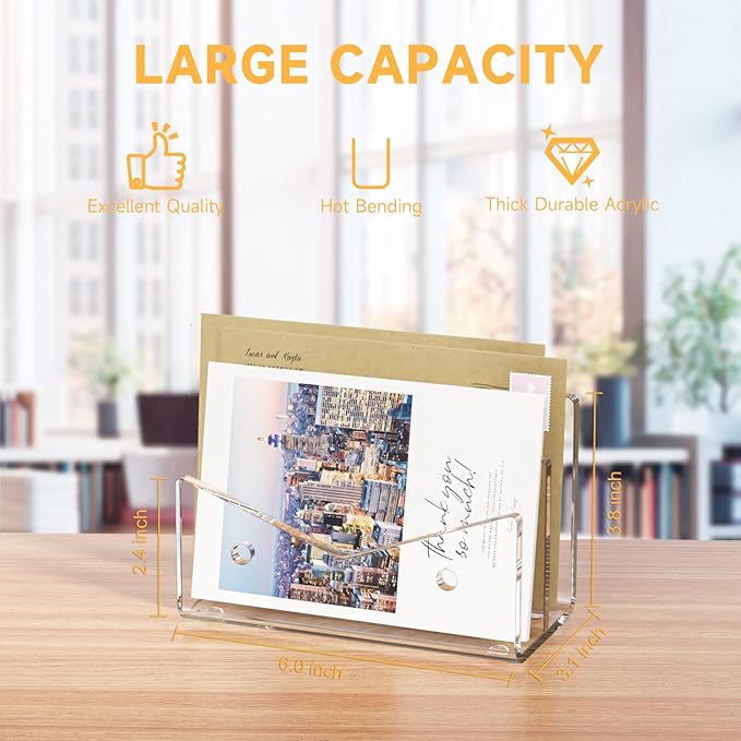 Mail Organizer Envelope Holder - 2 Compartments Clear Acrylic Mail Holder Countertop Vertical Desk Organizer Small File Bill Document Notebook Letter Sorter for Home School Office Supplies