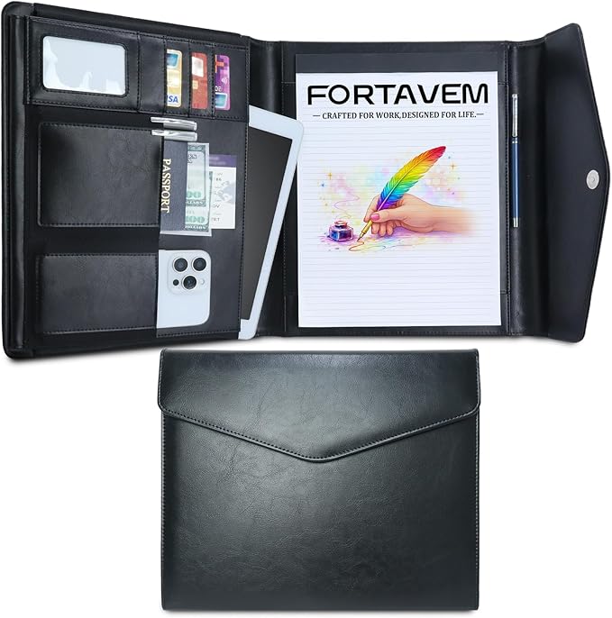 Professional Trifold Padfolio with Magnetic Closure – A4 Letter Portfolio Organizer for Business Meetings, Interviews & Presentations, Document Folder with Notepad Holder Black