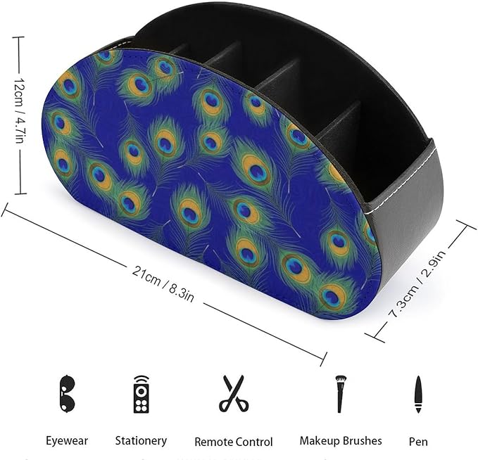 PU Leather Remote Organizer Box, 5-Compartment Storage for TV Remotes, Media Controllers, and Home Desk, Peacock Feathers