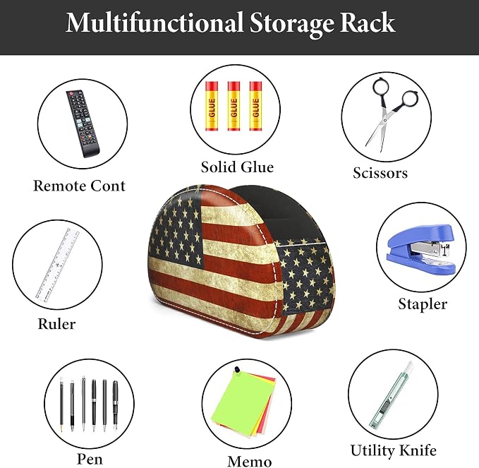 Leather Remote Caddy Desktop Organizer with 5 Spacious Compartments for TV Remotes/Media Controllers/Office Supplies (American Flag)