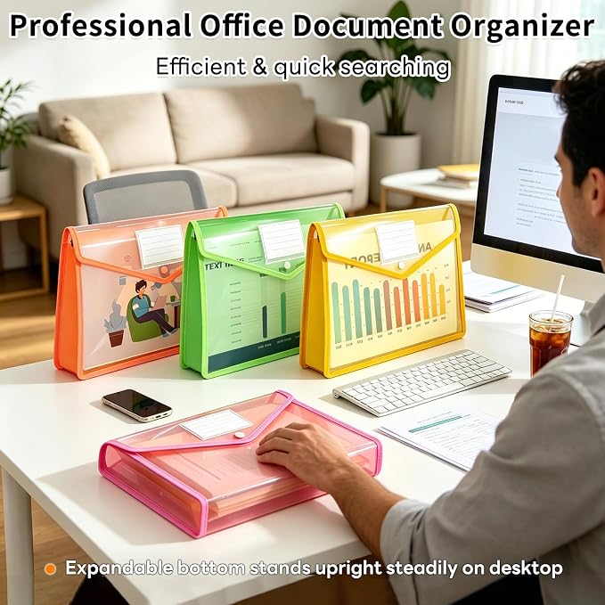 10 Pack Plastic Expanding File Folder, Transparent Folders for Documents with Snap Closure, Large Capacity, No Dividers, Fit Letter/A4 Size, 9 Colors for Tax, Office & Home School Organizer