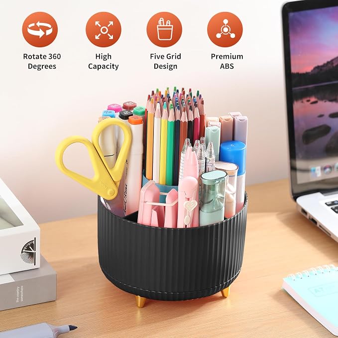 Desk Pencil Pen Holder, 5 Slots 360°Degree Rotating Pen Organizers for Desk, Desktop Storage Stationery Supplies Organizer, Cute Pencil Cup Pot for Office, School, Home, Art Supply, Black