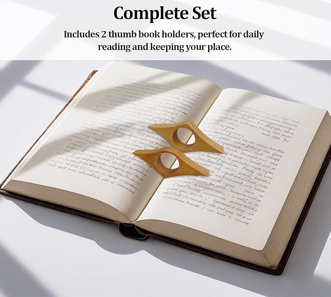Thumb Book Page Holder, 2pcs Handmade Natural Beech Thumb Bookmark, Book Opener Holder, Wood Page Clips, Smooth Finish Wood Reading Accessory, Perfect for Readers, Book Lovers, Bookworm (Beechwood)