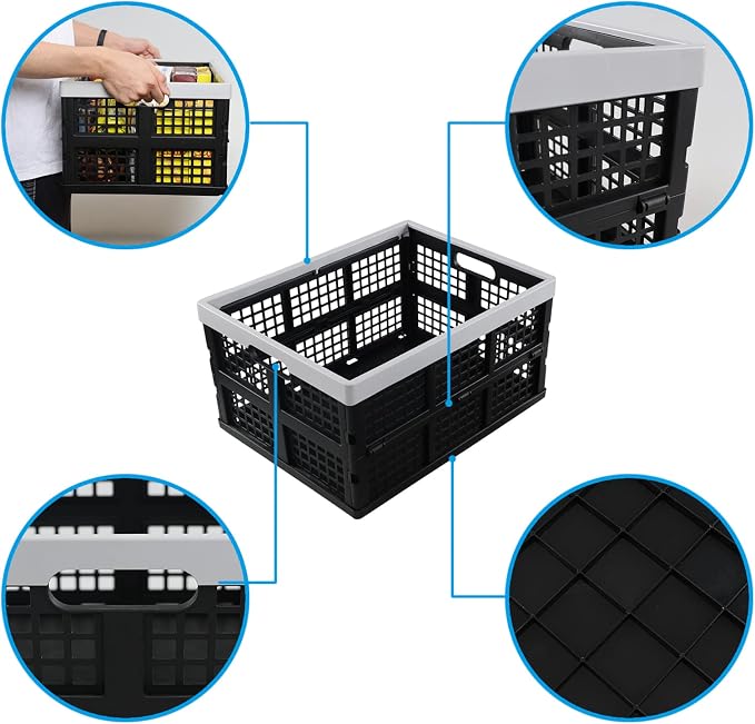 Esdiplot 3 Pack 34 L Large Plastic Collapsible Storage Crate, Folding Containers Bin Stackable Basket