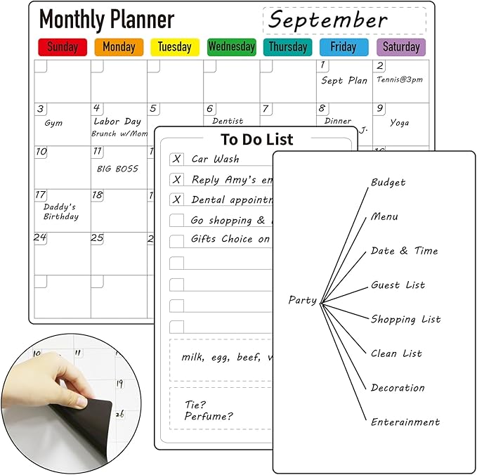 ZazzyKid Magnetic Dry Erase Calendar for Fridge: Pack of 3-14.6” x 11.6” Magnetic Monthly Planner + 7.3” x 11.6” To Do List Pad & Fridge Whiteboard