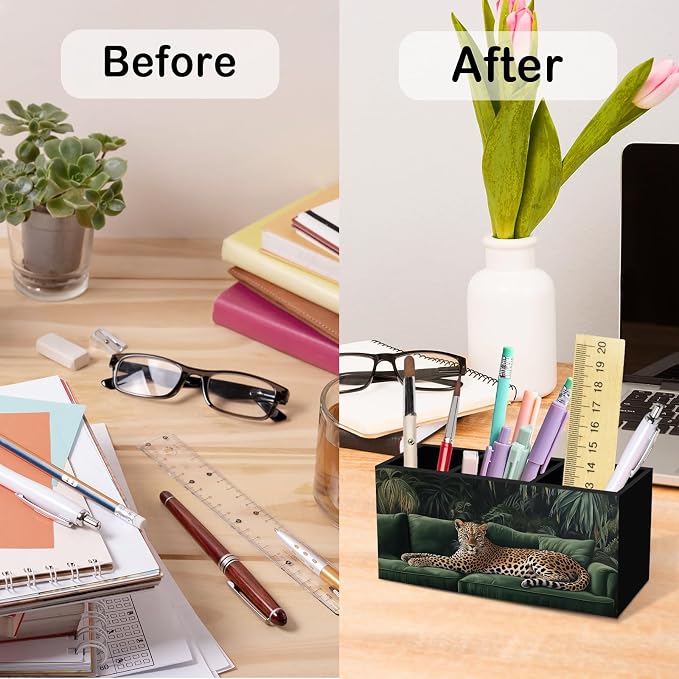 Vintage Trendy Leopard Pen Pencil Holder for Desk, Funky Dark Green Cheetah Office Desk Accessories, Maximalist Preppy Leopard Pen Holders Organizer for Classroom Office Desk