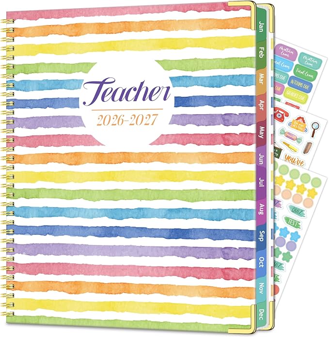 Teacher Planner 2026-2027, July 2026 to June 2027 Academic Year, 8.5" x 11" Lesson Planner Book for Teachers with Colorful Tabs, Teacher Calendar for Classroom or Homeschool, Hardcover, Color Stripe