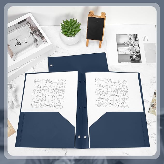 Yeaqee 50 Pcs Plastic Folders with Pockets Bulk 3 Hole Punched 2 Pocket File Folders for 3 Ring Binder Divider Folder for Notebooks, Durable Poly for Office Home (Navy Blue)