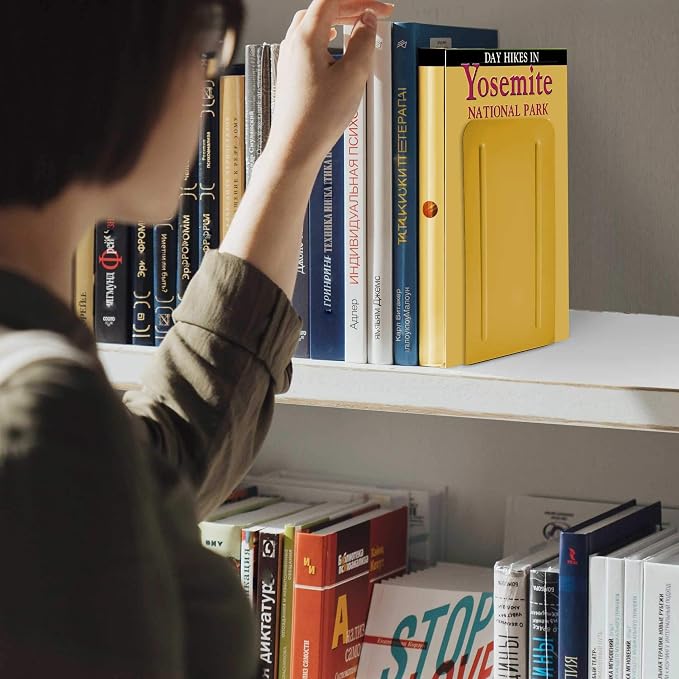 Acrimet Bookends for Shelves, Non-Skid Book Holder, Heavy Duty Book Stopper, Steel Metal Book Ends Storage for Home, Library, 6 7/8" H x 4" W x 4 1/2" D (Yellow) (1 Pair / 2 Pieces)