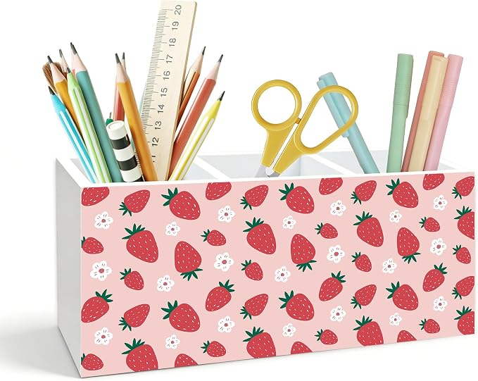 Pink Strawberry Pen Holder for Desk, Strawberry Gifts, Girly Aesthetic Strawberries Flower Wooden Box Pencil Pen Holder Organizer for Home Office Desk Accessories