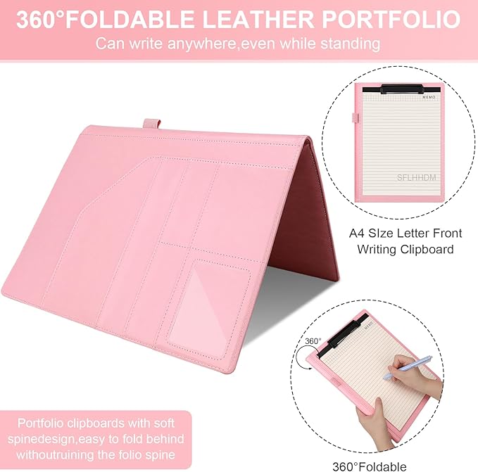 Clipboard Padfolio with Storage Pocket,Clipboard Folder Portfolio Organizer,360 Degree Foldable Clipboards,Faux Leather Padfolio Organizer (Pink, A4 Size Folder Without Elastic Band)