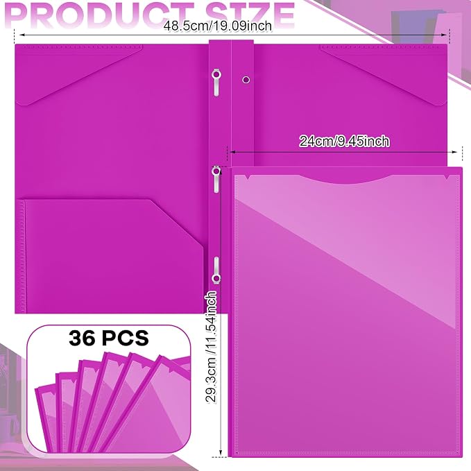 Henoyso 36 Pcs Plastic Folder with Clear Front Pocket and 3 Prong Plastic Folders with Card Slot Pocket Folders with Prongs for School Office (Neon Purple)
