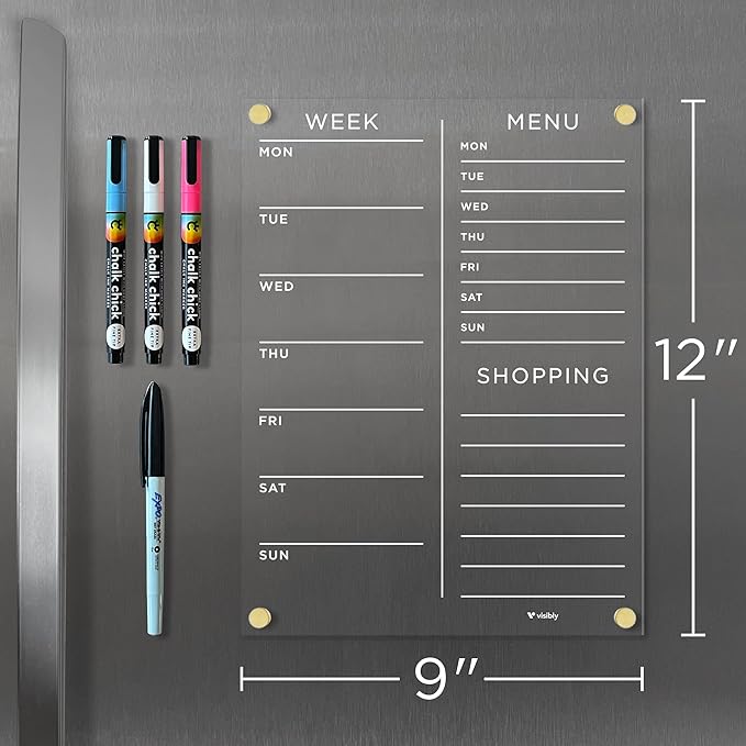 Magnetic Acrylic Meal Planner, Menu & Shopping List Board for Fridge, 9” x 12” Clear Refrigerator Organizer, Includes 4 Magnetic Wet-Erase Markers, Gold Corner Magnets