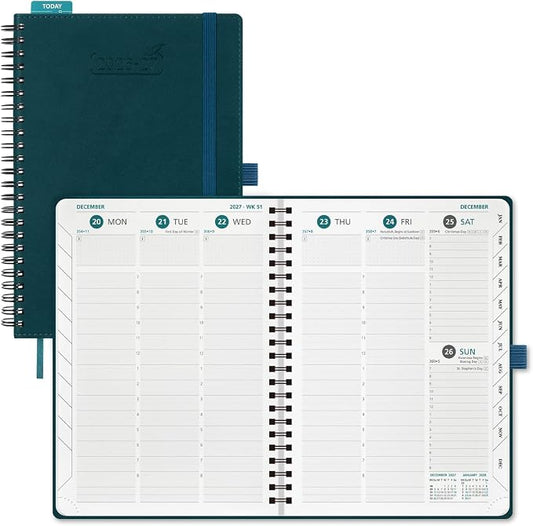 BEZEND Weekly Planner 2026-2027 (6" x 8.5") with Hourly Timeslots (Jul 26-Dec 27) 18 Months Academic Calendar & Monthly Tabs, for Students, Work & Home, Spiral PU Leather Softcover -Dark Green