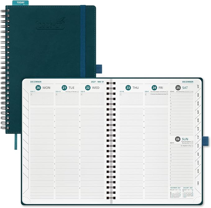 BEZEND Weekly Planner 2026-2027 (8.5" x 11") with Hourly Timeslots (Jul 26-Dec 27) 18 Months Academic Calendar & Monthly Tabs, for Students, Work & Home, Spiral PU Leather Softcover -Dark Green