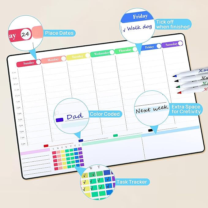 POPRUN Weekly Calendar Whiteboard Self Adhesive, 16.5" x 11" Dry Erase Calendar for Wall Fridge Smooth Surfaces, Perfect as Weekly Planner for Home Office School Family
