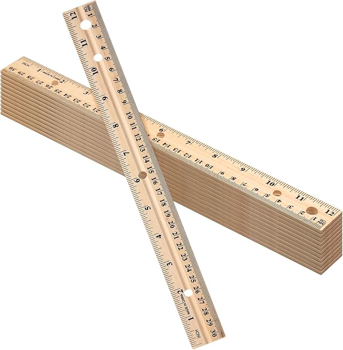 AmazingSpark 12 Pack 12 Pack Wooden Ruler Gifts 12 Inch (30cm) Bulk Wood Measuring Ruler Straight Metal Edge with 4 Holes for Teacher School Office Drafting Classroom Supplies, 2 Scale