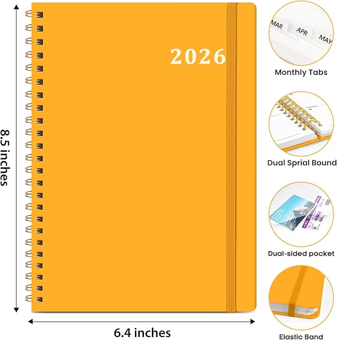 2026 Planner, Weekly and Monthly Calendar Planner Book, January 2026 - December 2026, Hardcover Spiral Planner with Monthly Tabs, Notes Pages, Perfect for Women & Men, A5 (6.4" x 8.5") - Yellow