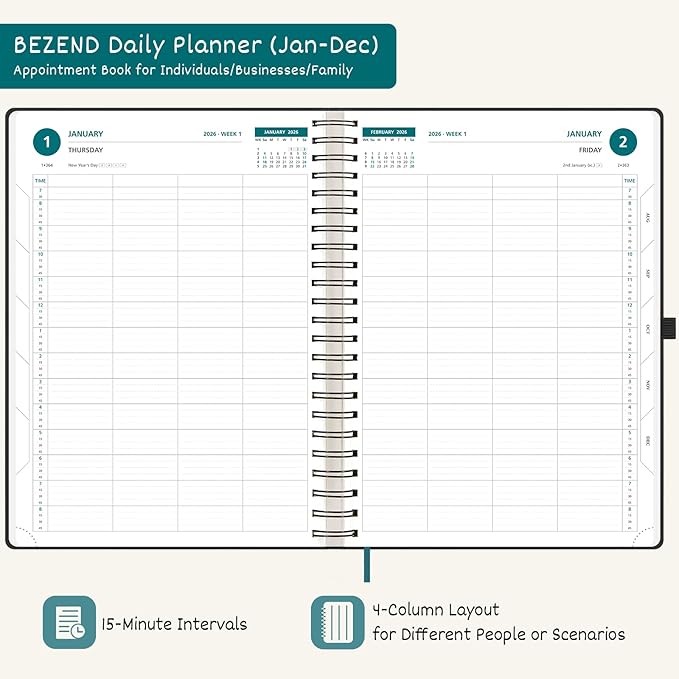 BEZEND Daily Appointment Book 2026 Page per Day Even Weekends (Large-8.25" x 11.75") 15-Minute Timeslots in 4 Columns, Monthly Planner with Tabs & Week Schedule, PU Leather Softcover in Mint Green