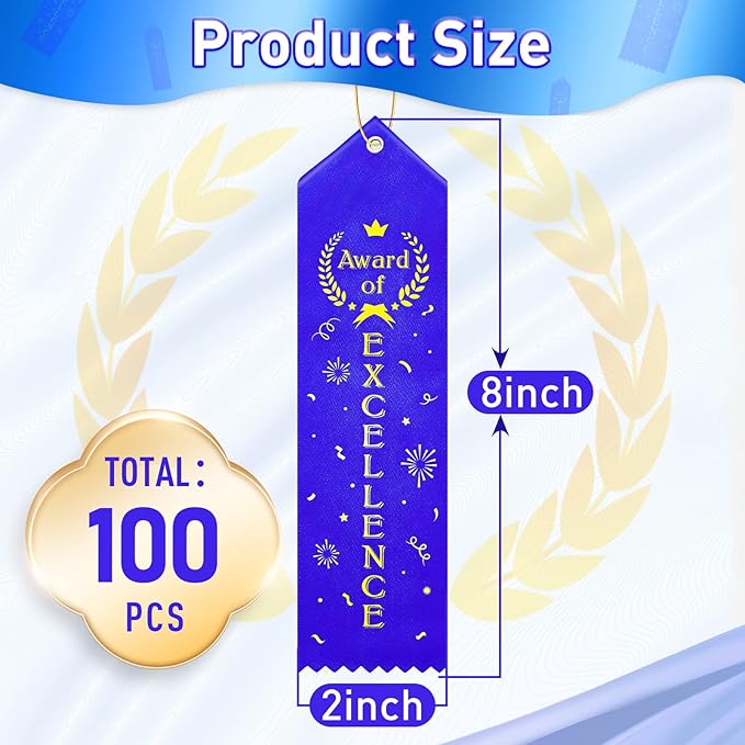 Award of Excellence Ribbons Award Prize Achievement Ribbon with Event Card and Rope for Kids Competition, Sports Event, Contests, School, Office Team(100 Pieces)