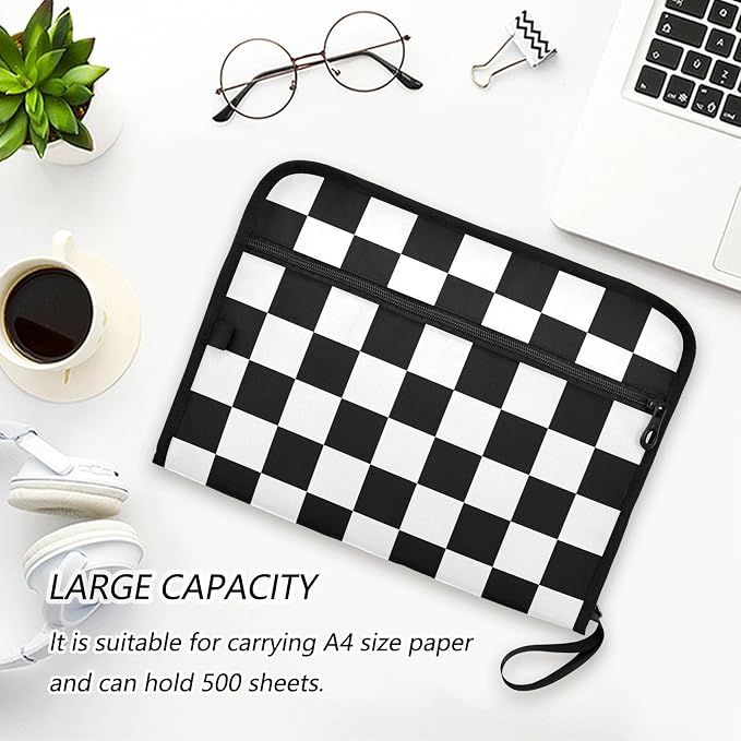 Expanding File Folder White Black Buffalo Plaid Checked Accordion File Organizer 13 Pockets Document Organizer with Zipper Labels A4 Letter Office Storage