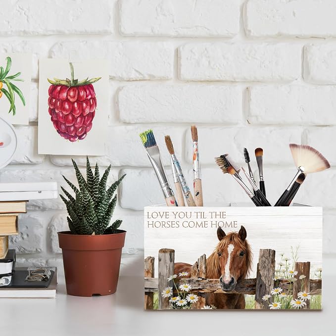 Farmhouse Daisy Horse Pen Holder for Desk, Horse Lover Gifts Pencil Organizer, Love You Til the Horses Come Home Wooden Box Sign Desk Decor for Kids Girls Room Nursery Decoration