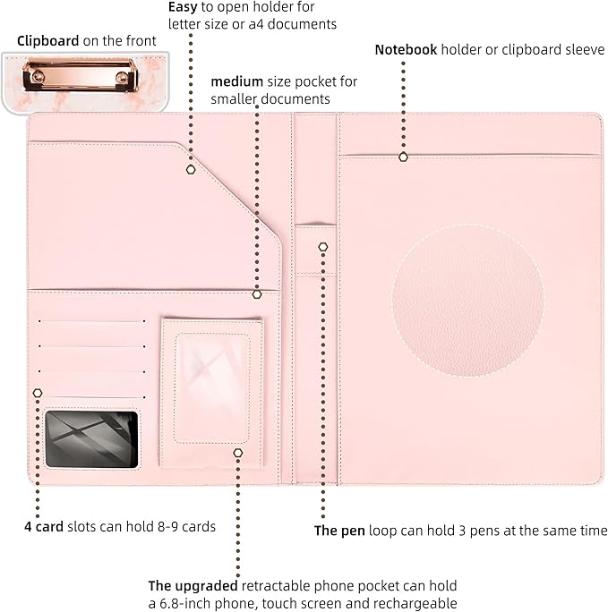 Ospelelf Pink Padfolio for Women Storage Clipboard Folio with Notepad Leather Portfolio Binder for Teacher