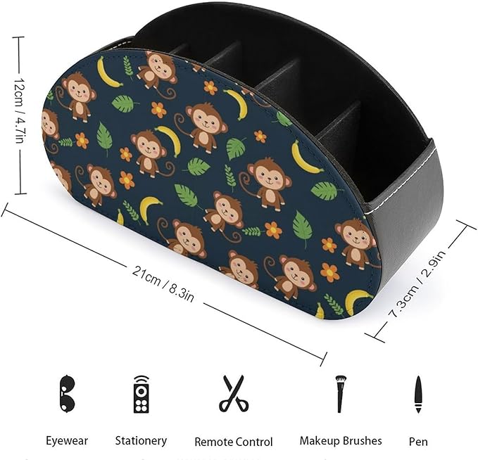 5-Compartment Remote Control Storage, PU Leather Caddy for Media Players, TV Remotes, and Desk Accessories, Animal Print Monkey