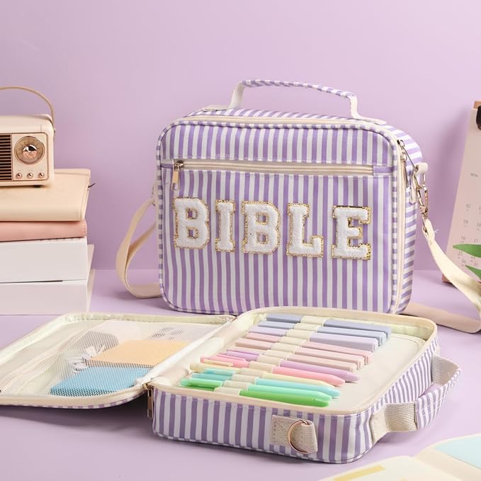 Dansydaisy Bible Cover Case for Women Large Chenille Letter Stripe Church Bible Bag with Shoulder Strap for Women (Purple)