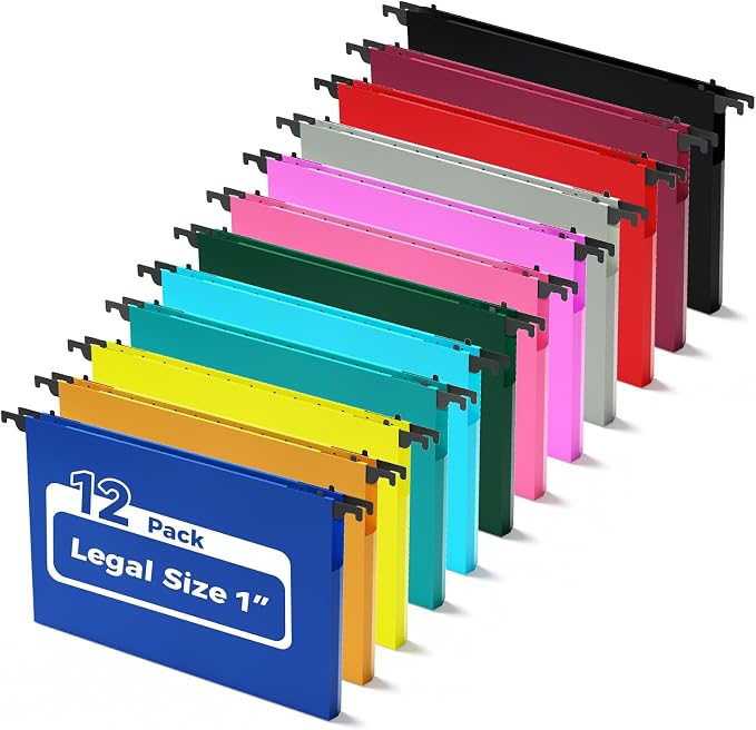 Ansook Legal Size Hanging File Folders,12 Pack Plastic Legal Size File Folders Hanging with Tabs, Heavy Duty 1 Inch Expansion, Assorted Colors, Hanging Organizers Home Office School for Filing Cabinet