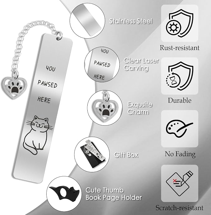 2 Pcs Cute Cat Pendant Bookmarks with Thumb Book Page Holder, Cat Lover Gifts for Women Men Reader, Ideal Book Reader Gifts & Reading Accessories(Cat A)