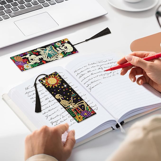 6 PCS Diamond Art Kits Bookmarks Diamond Painting Kit Book Mark, Handmade DIY Skeleton Diamond Art Skull Gem Art Acrylic Tassel Bookmarks for Women Adults, Craft Kits Gift Set for Book Lovers