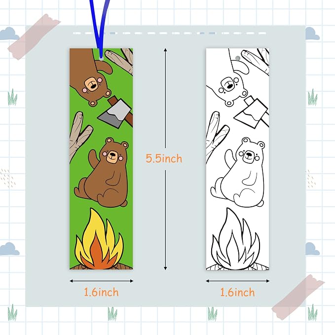 ANGOLIO Camping Party Coloring Bookmarks - 150P Color Own Camp Bookmarks Kids DIY Blank Crafts Party Game Prize Art Craft Big Pack Supplies Back to School Book Fillers Classroom Read Club Rewards