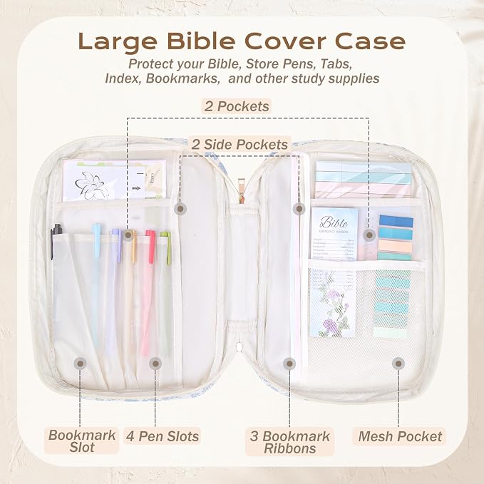 XKDOUS Bible Cover for Women Journaling Kit Quilted Bible Tote Bags Organizer with Pens, Tabs, Study Supplies Accessories Large Church Book Holder Christian Gifts for Lady, Friends