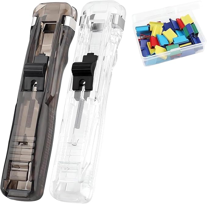 Portable Binder Clip Stapler,Includes 50 Reusable Clips Desktop Push Stapler Binder Clips Paper Clamps,Desktop Document Organizer for Home School Office (2 Sets)