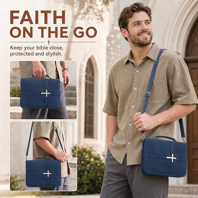 Bible Cover for Men and Women, PU Leather Large Bible Bag with Handle & Shoulder Strap, Bible Carrying Case with Cross Design and Pockets for Church, Bible Study & Christian Gifts, Blue