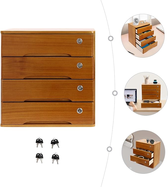 Lockable Desk Organizer Wooden Desktop Drawers Office Flat Files Storage Box Locking Countertop Storage Cabinet (Wood Yellow, 4-Tier)