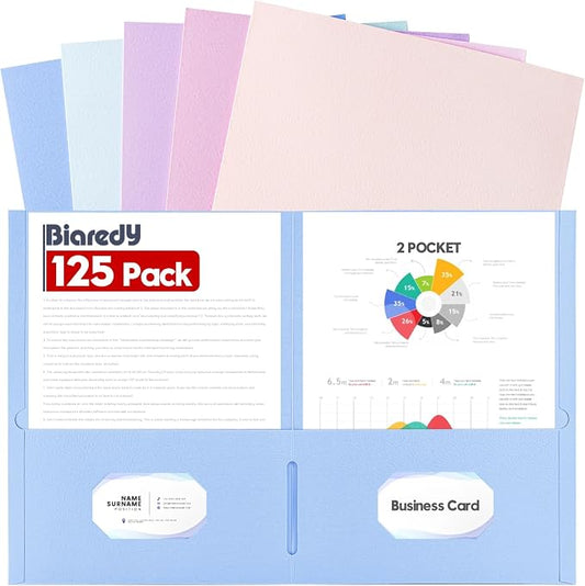 125 Pack Bulk Two Pocket Folders, Letter Size 8.5" x 11" Paper Folders with Business Card Slot, Assorted 5 Colors, Heavy Duty for Office, Law Firms, Accounting & Business Use