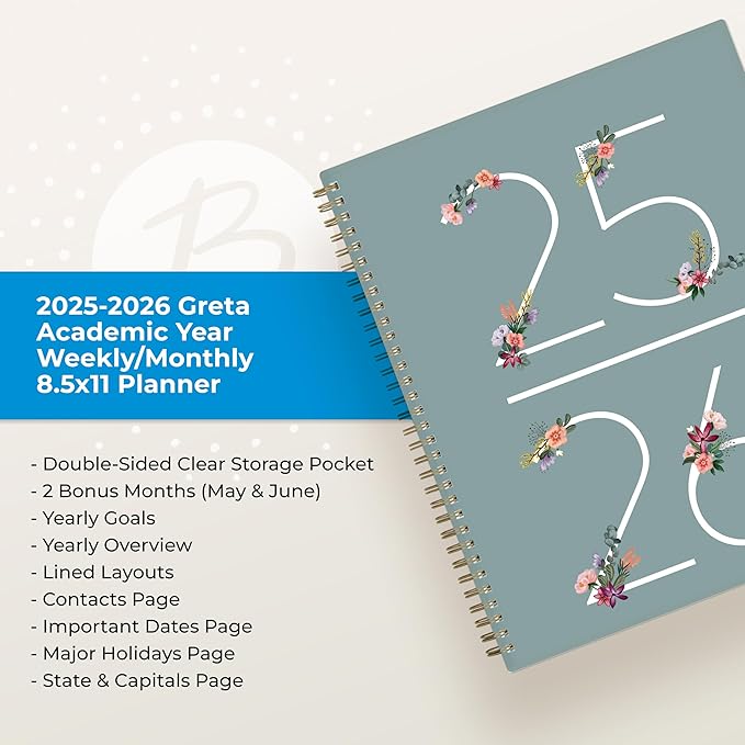Blue Sky 2025-2026 Weekly and Monthly Academic Year Planner Calendar, July 2025 - June 2026, 5.875" x 8.625", Frosted Flexible Cover, Wirebound, Laminated Tabs, Greta