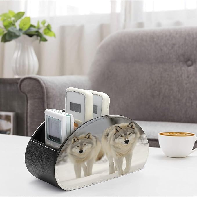 Remote Control Holder,Two Wolves Walking in The Snow Printed PU Leather Remote Caddy Desktop Organizer with 5 Compartments for Media Accessories & Office Supplies Storage